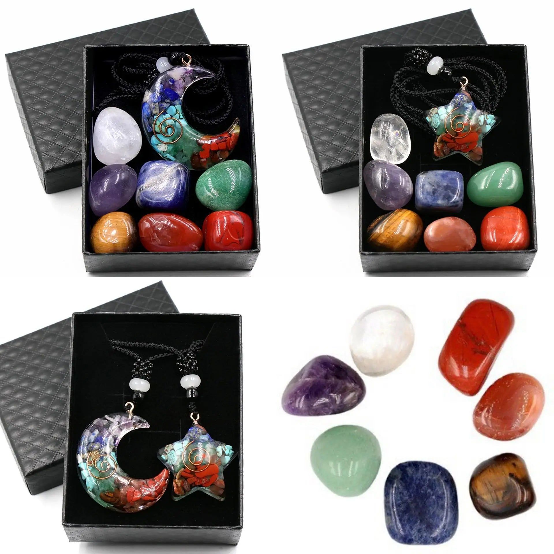 7 chakras Natural Multicolored Crystal Gravel Stone Gift Box Set With Moon And Star Pendant Combination Outfit