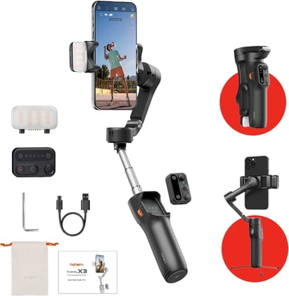 Hohem iSteady X3 - 3-Axis Mobile gimbal with Fill Light, Detachable Remote, AI Tracker and Built In Extension Tripod Stand (Black)