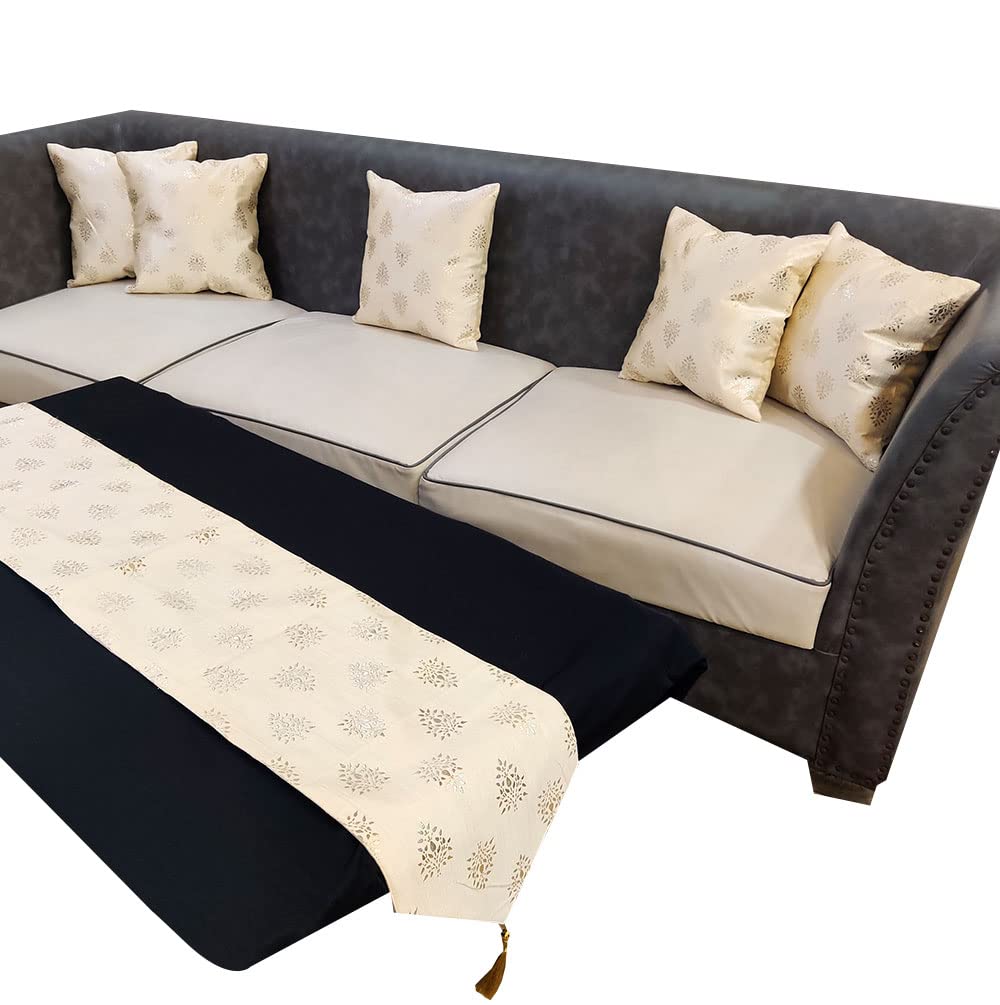 Polyester Silver Floral Foil Printed Cream Square 5 Cushion Covers and 1 Table Runner Combo Luxury Modern Pillow Cover for Sofa Living Room Bedroom |24X24 Inch Cushion Cover I12 X 59 Inch Table Runner