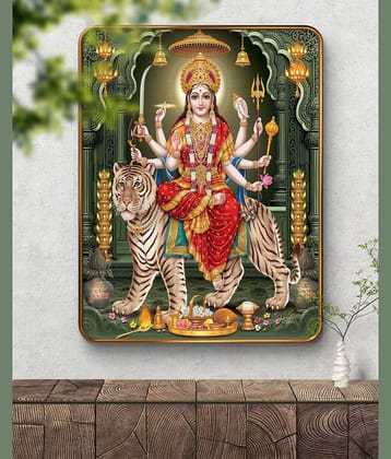 SAF Maa Durga Wall Painting on Tiger | Golden Frame Sparkle Laminated MDF Poster | Hindu Goddess Art for Home Temple Pooja Room | Shakti Devi Navratri Spiritual Wall Decoration