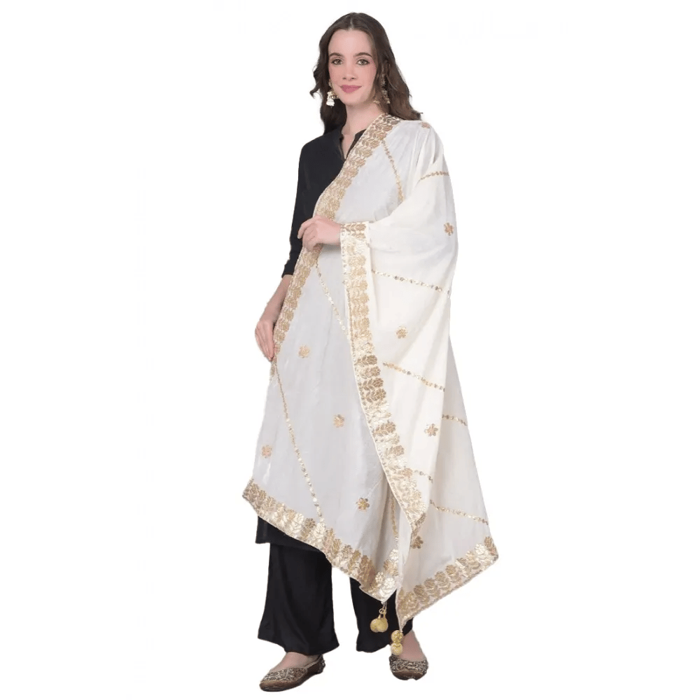 Generic Women's Velvet Gotta Patti Dupatta (White, Length:&nbsp;2.25 to 2.50 Mtr)