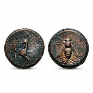 Bee & Deer Featuring Ancient India Old Copper Rare Coin Silver Plated Variant