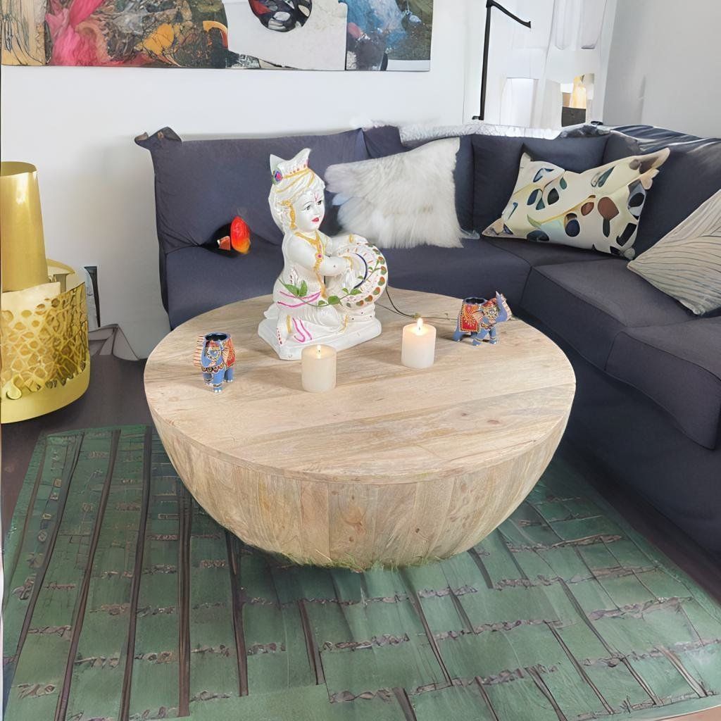 Wooden Round Indian Handicraft Side Drum Coffee Sofa Central Table Home Bedroom Living Furniture