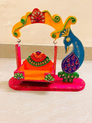 Handcrafted Wooden MDF and Paper Mache Jhula, Vibrant Colors, Home Temple Decor Handcrafted Wooden MDF and Paper Mache Jhula, Vibrant Colors, Home Temple Decor