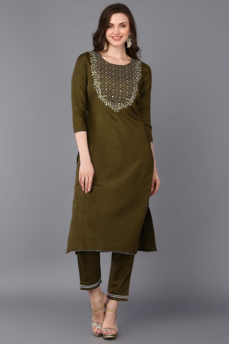 Mehndi Green Silk Blend Embroidered Straight Kurta VCK9285