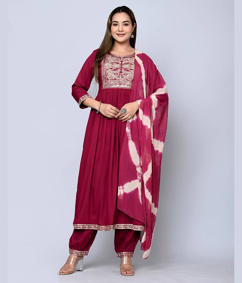 MAUKA - Maroon Anarkali Rayon Women's Stitched Salwar Suit ( Pack of 1 )