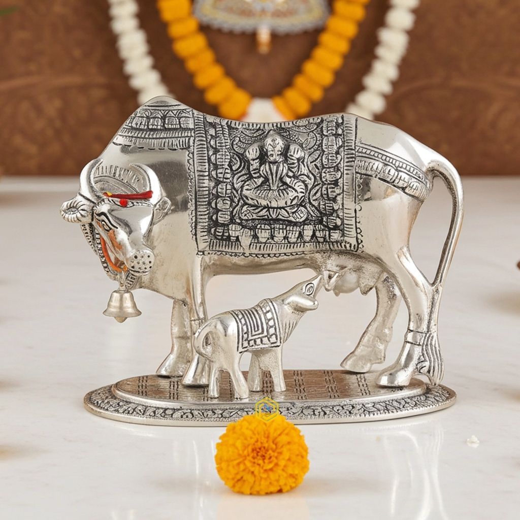 Aluminium Cow Idol � Silver Tone Decorative Figurine, Height : 6.5 Inch (ASMAS218 S)