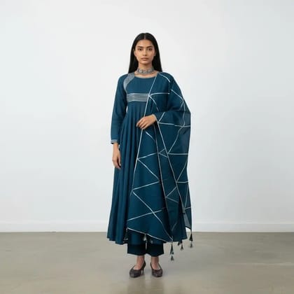 Navy Blue Handloom Cotton Co-Ord Set with Gota Detailing, 3-Piece