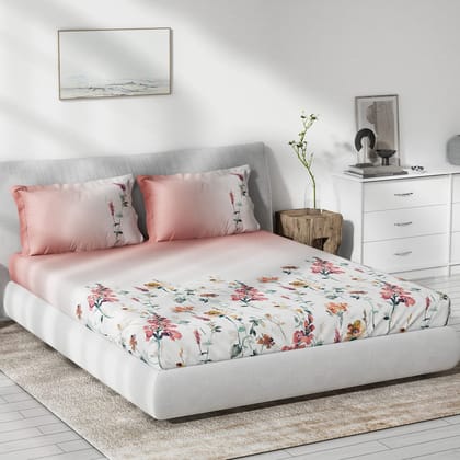 DDECOR - Primary Collection 100% Cotton Floral Pattern 136TC King Bedsheet |229 CM X 274 CM| with 2 Pillow Covers - Red