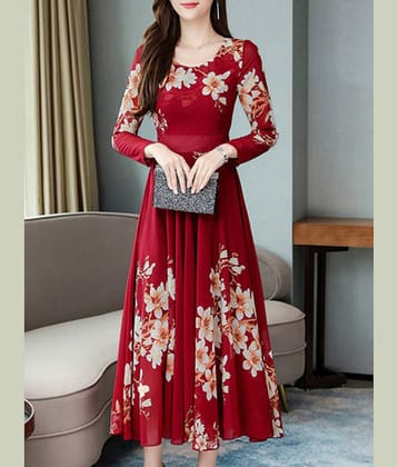 Raabta Fashion Women Crepe Printed Fit & Flare Dress ( Red )