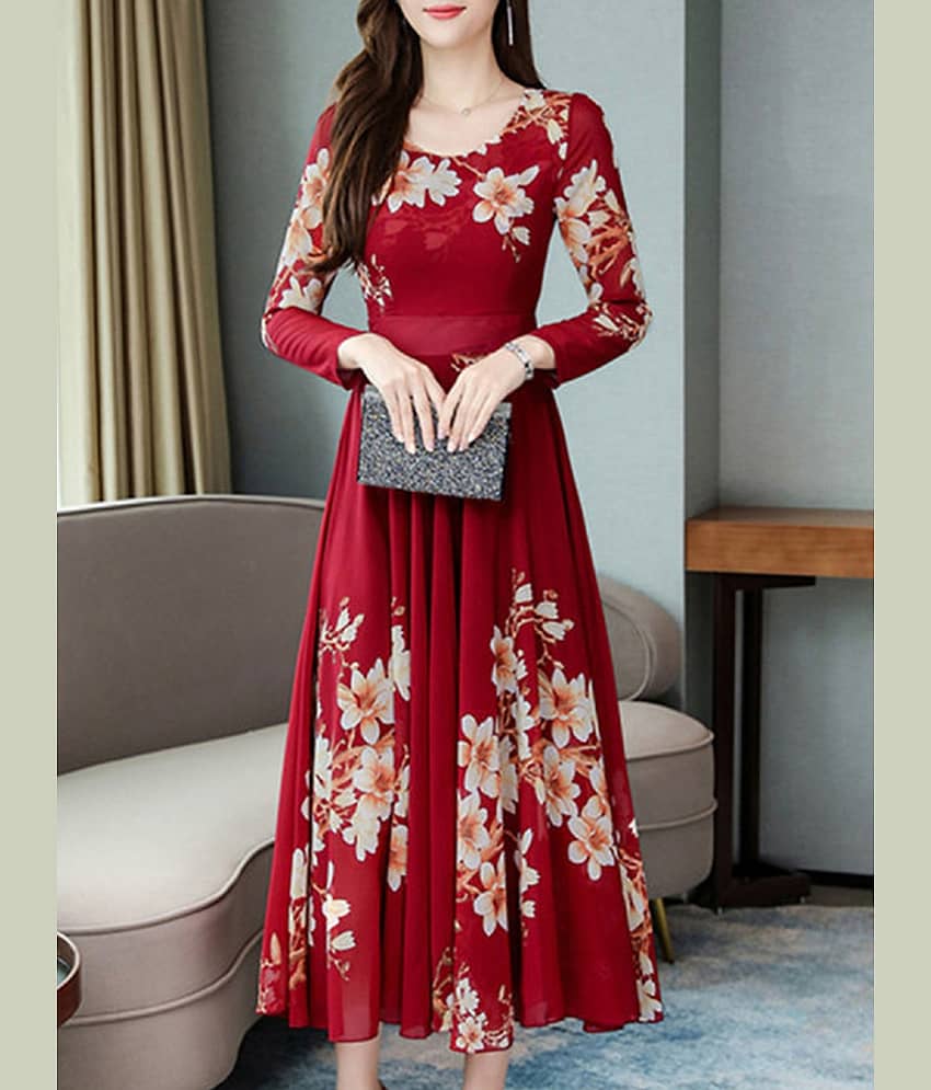 Raabta Fashion Women Crepe Printed Fit & Flare Dress ( Red )