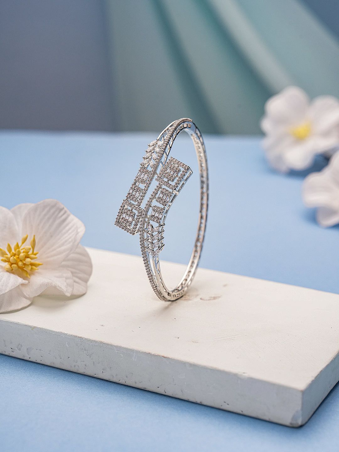 Silver Plated AD Studded Leafy Designer Minimal Bangle Bracelet