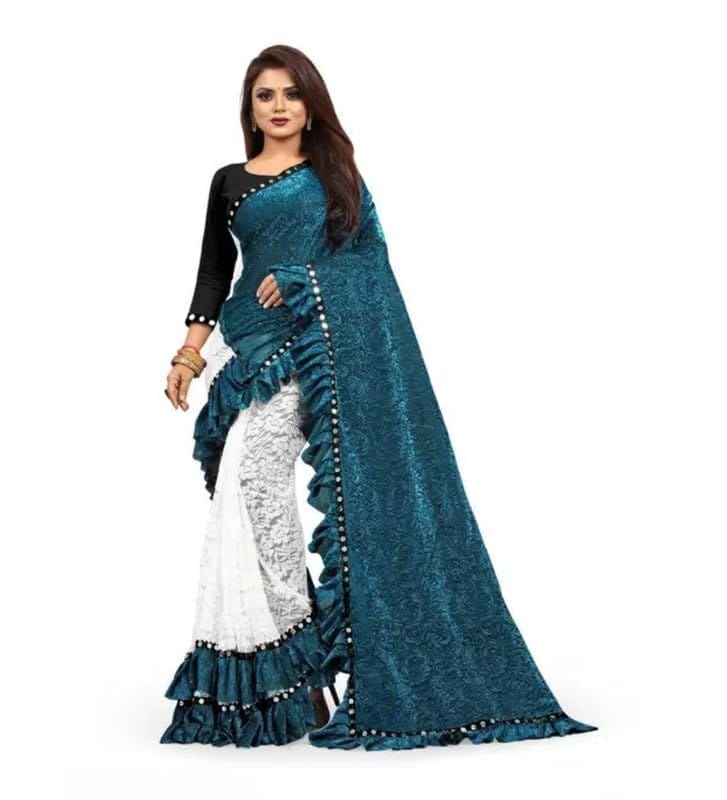 Women's Silk With Mirror Lace Solid Saree With Unstitched Blouse (Rama, 5-5 Mtrs)-PID55706