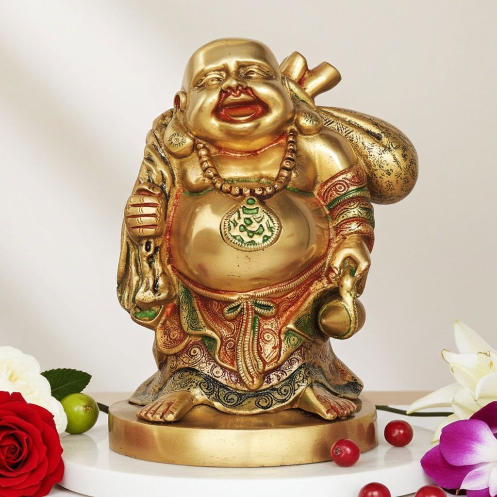 Brass Laughing Buddha Idol - Feng Shui God of Wealth Statue, Height : 10.5 Inch (BSMAS036 G)