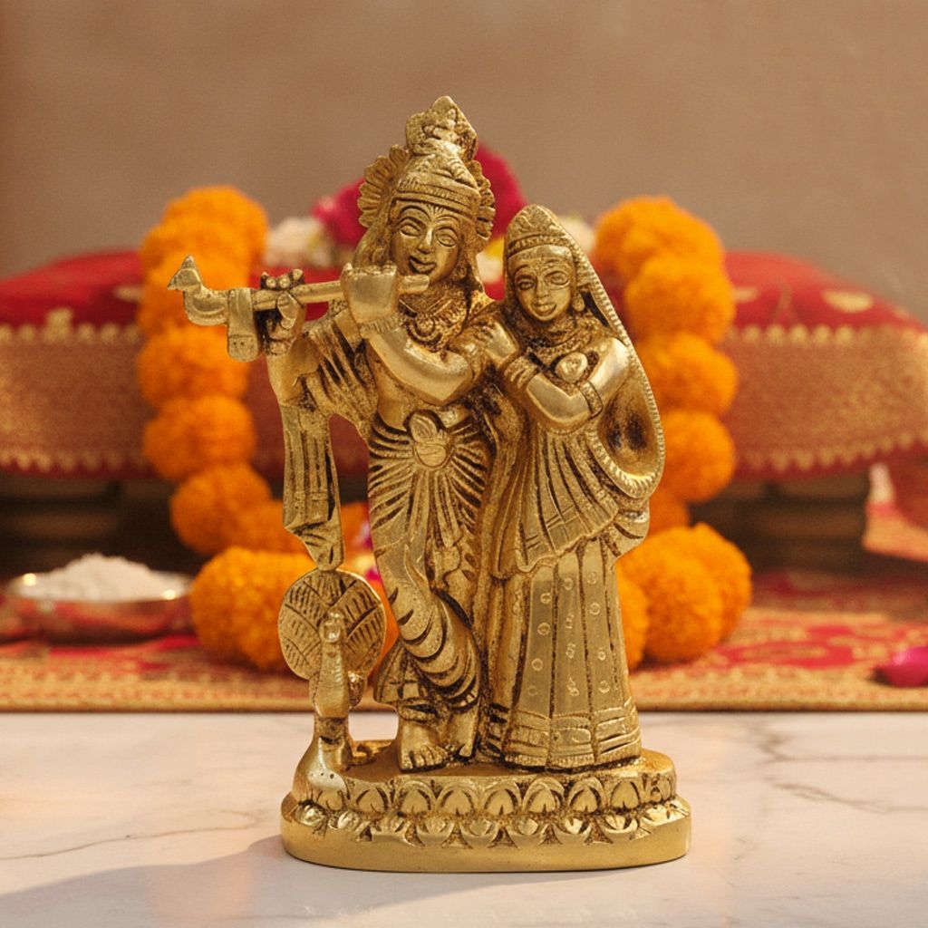 Brass Radha Krishna Idol Statue for Home Temple & Gifting, Height : 6 Inch (BSMAS399 K)