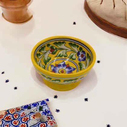 Blue Pottery Round Bowl - Yellow