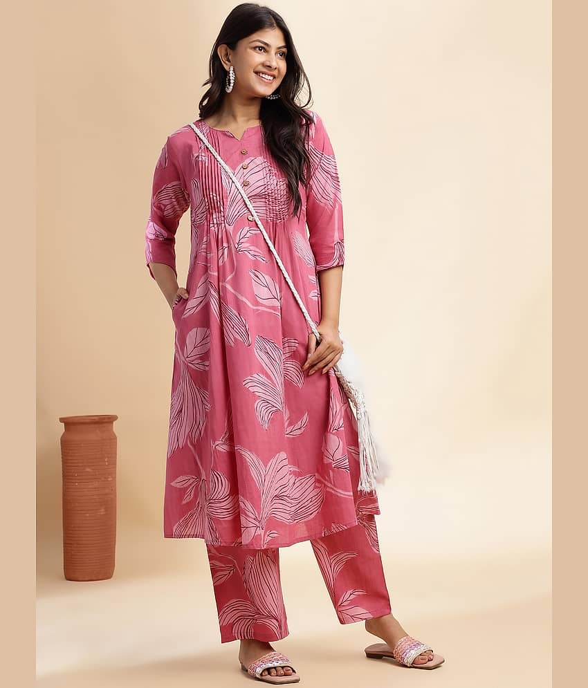 Vbuyz Women Cotton Printed A-line Kurti With Palazzo ( Pink )