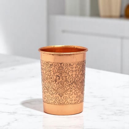 Engraved Pure Copper Drinking Glass | Ayurvedic Health Tumbler with Floral Motif Engraved Pure Copper Drinking Glass | Ayurvedic Health Tumbler with Floral Motif