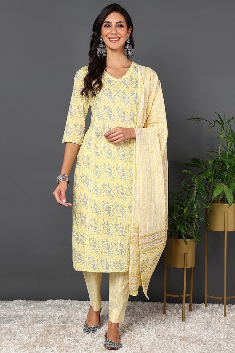 Plus Size Yellow Pure Cotton Floral Printed Straight Suit Set VKSKD2008