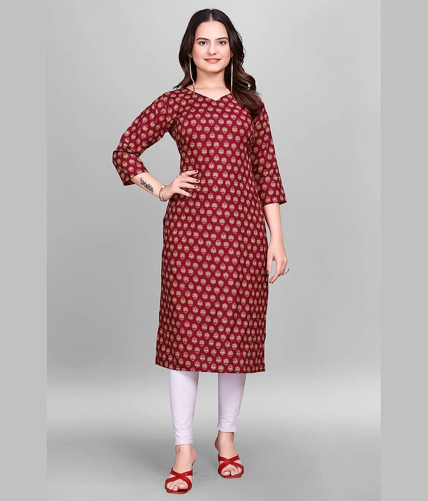 Devakii Pack of 1 Cotton Blend Printed Straight Women's Kurti - ( Maroon )