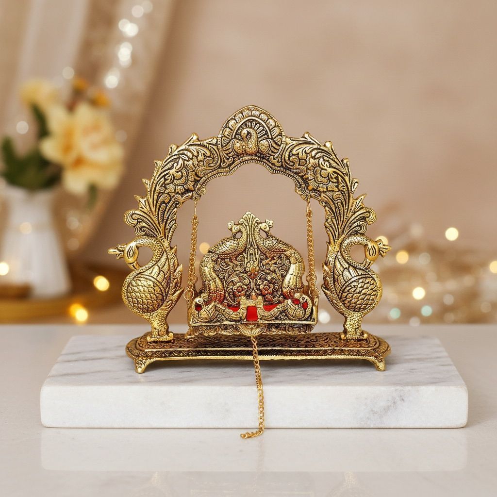 Aluminium Showpiece Double Peacock Jhula Statue (ASMAS455 G)