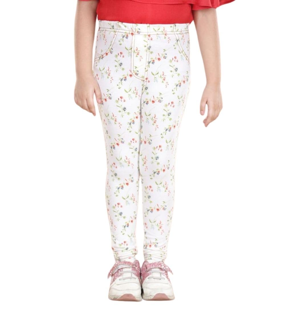 Girl's Cotton Blended Floral Elasticated Jeggings (White-Green, 2-3-Yrs)-PID66060