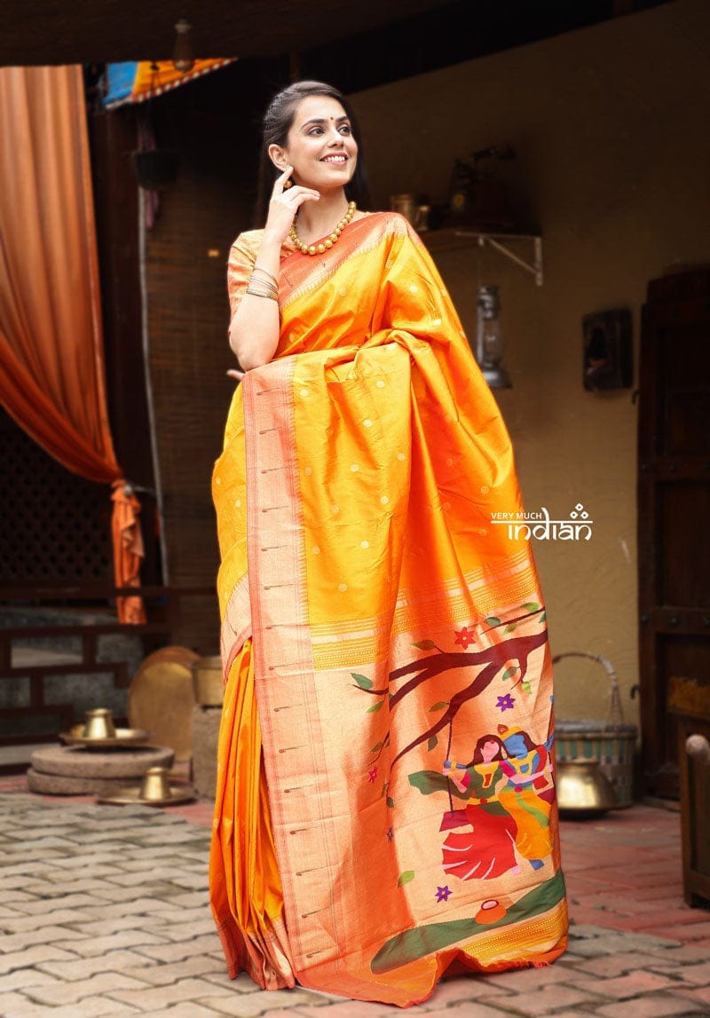 Bestseller! Authentic Handloom, Beautiful Golden Yellow, Pure Silk Muniya Border Paithani with Radha Krishna Pallu(High Quality Silk)