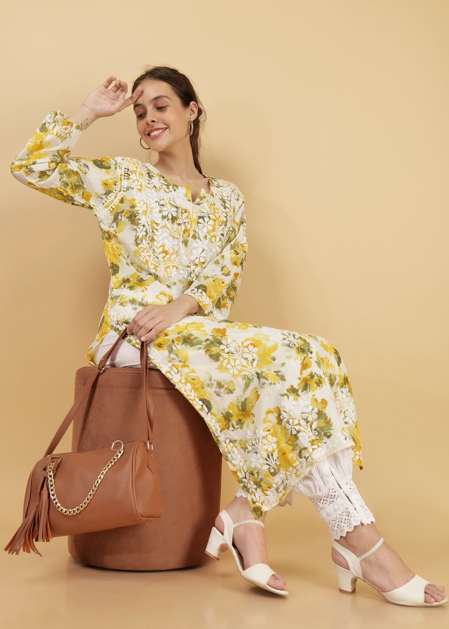 Pure Mulmul Floral PrInt Yellow Chikankari Long Straight Kurta