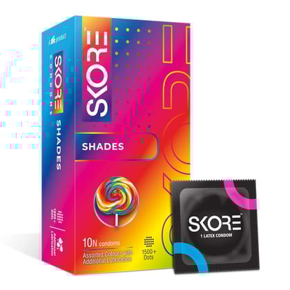 Skore Shades Assorted Colours | Extra Lubrication | Dots | Condom, 10 pieces | 1 Packs