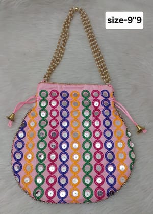 Pink Hand Embroidered Potli Bag with Pearl Handle Pink Hand Embroidered Potli Bag with Pearl Handle