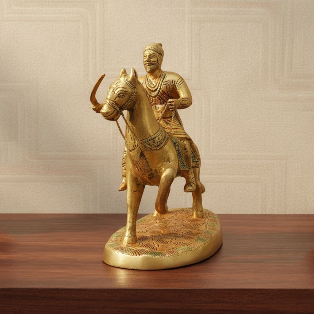 Brass Chhatrapati Shivaji Maharaj Idol Statue | Shivaji Maharaj Murti | Maratha Warrior Showpiece, Height : 9 Inch (BSMAS1641 D)
