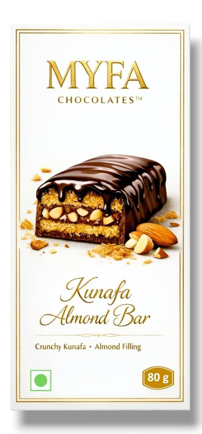 Myfa Chocolates Almond Kunafa Chocolate Bar, Crunchy Kunafa with Almond Filling, 80g