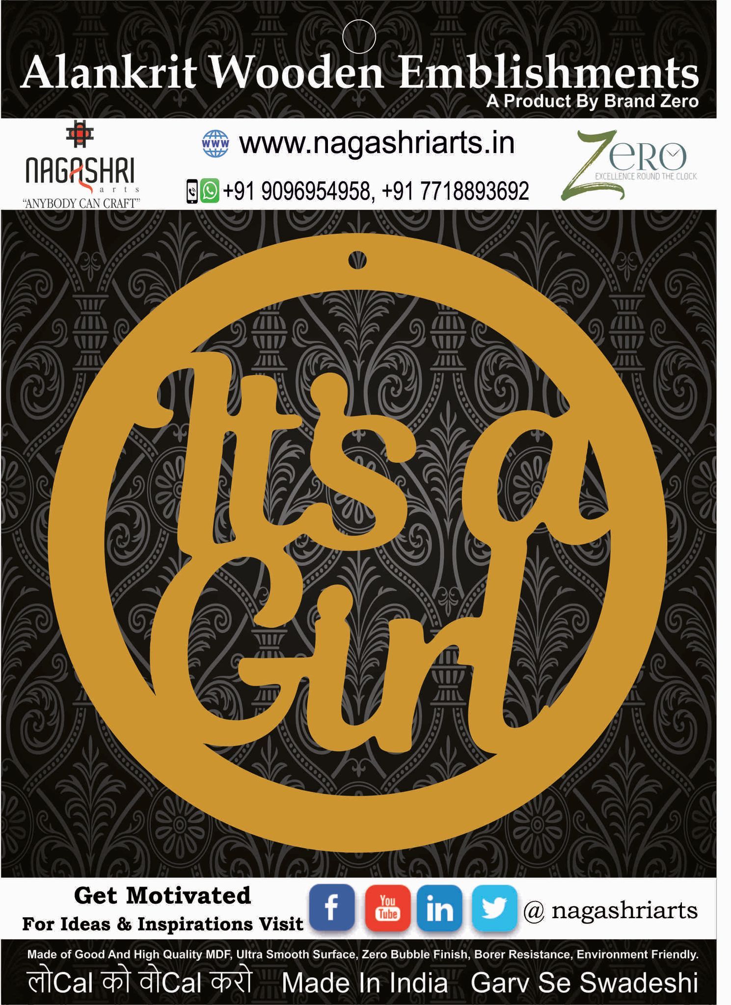 Brand Zero MDF Embellishment Its A Girl In Circle Design 1 - Size: 2.0 Inches by 2.0 Inches And 2.5 mm Thick