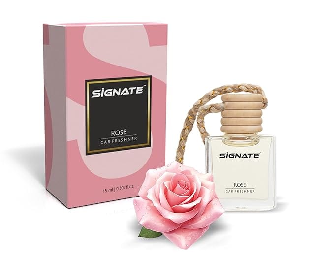Signate Car Perfume with Essential Fragrance Oils | Car Air Freshener Car Accessories for Interiors, car fresheners with Automatic Dispenser Wooden Lid 15ml (Rose)