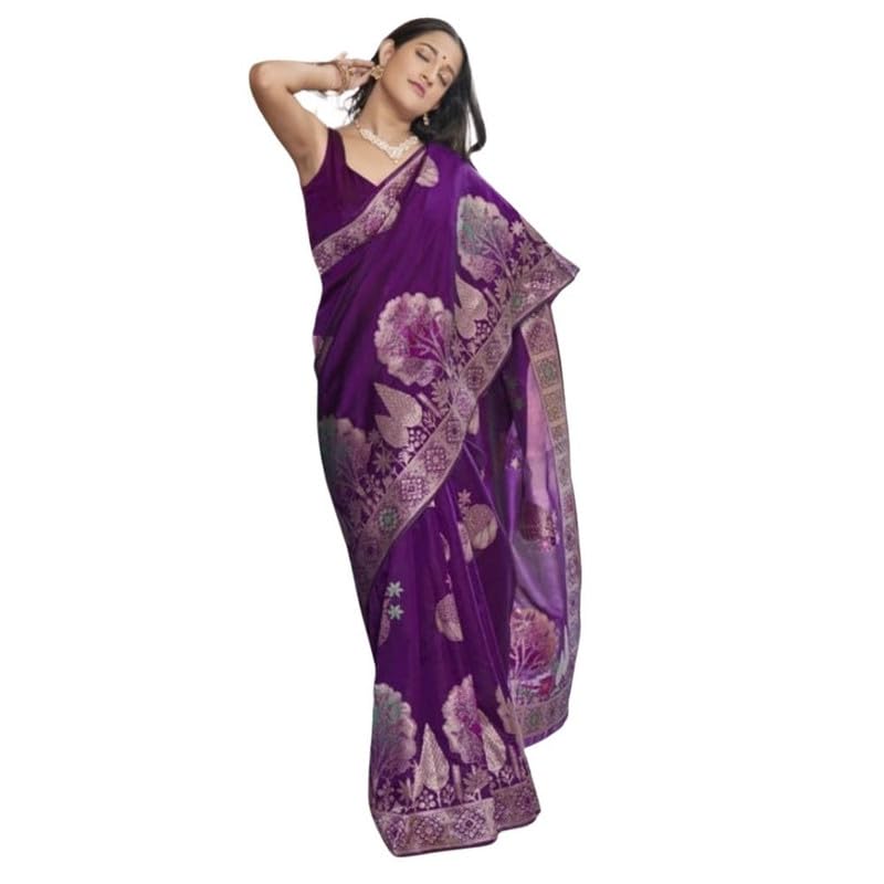 Women's Silk Printed Saree With Unstitched Blouse 5.5Mtr (Purple)-PID60264