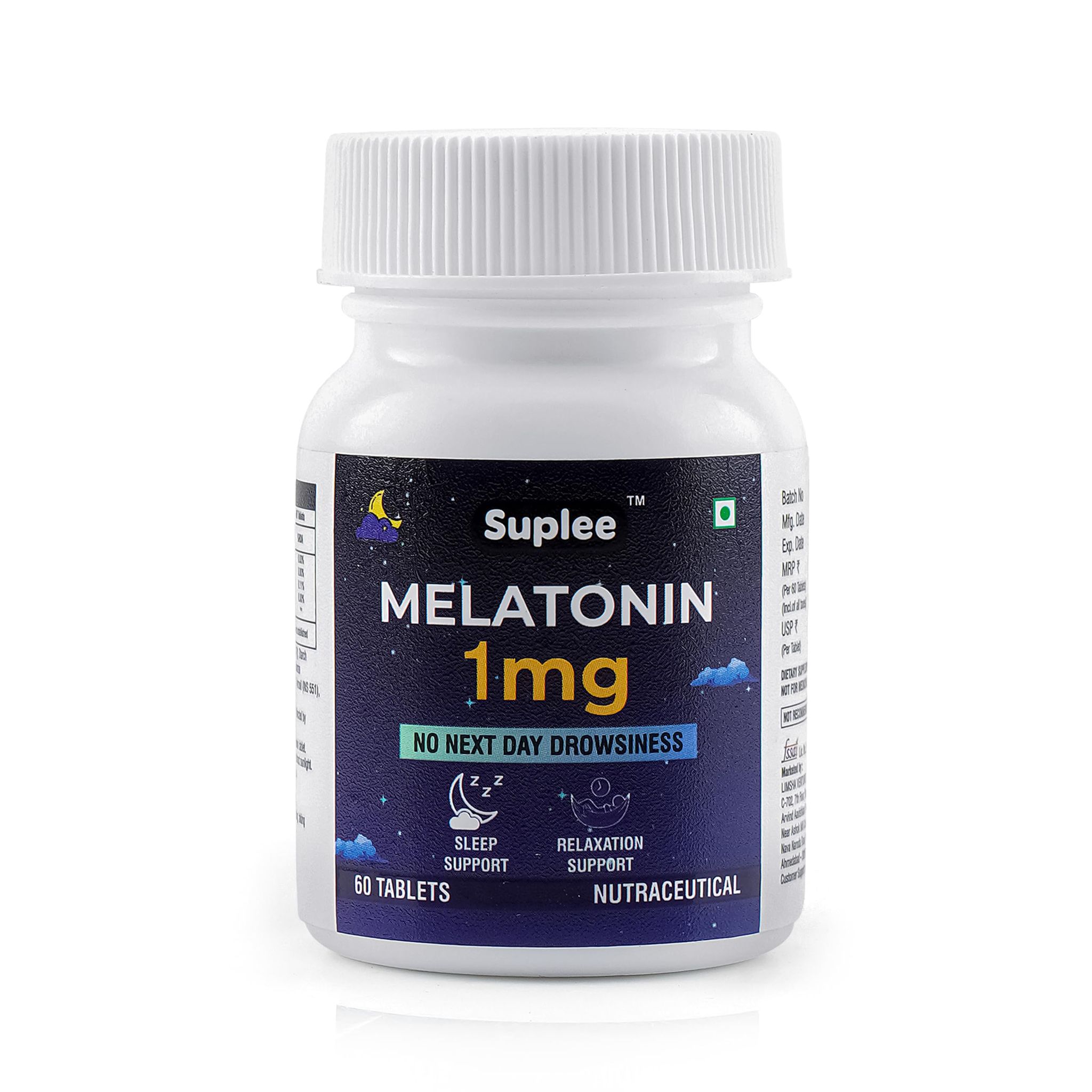 Suplee Melatonin 1 mg (60 Tablets) | For Deep Sleep Support | Non-Habit Forming & No Next Day Drowsiness | Helps Regulate Sleep-Wake Cycle