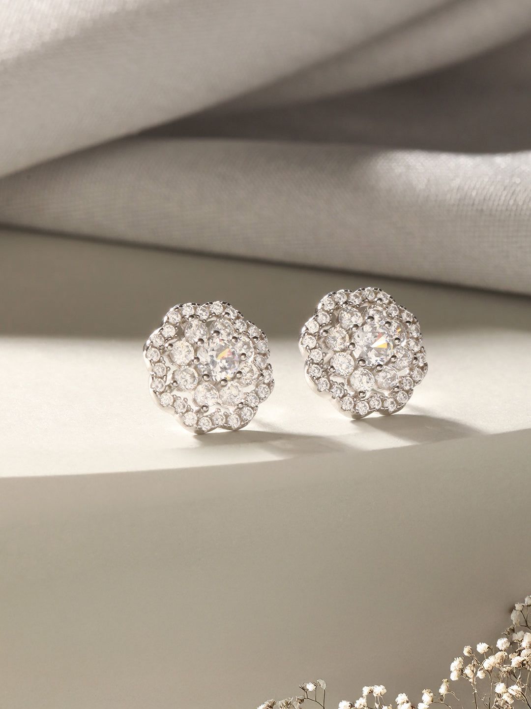 925 Sterling Silver Zircon Studded Floral Studds Earrings