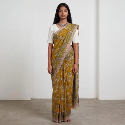Pedana Kalamkari Screen-Print Mulmul Cotton Saree in Khaki Green Pedana Kalamkari Screen-Print Mulmul Cotton Saree in Khaki Green
