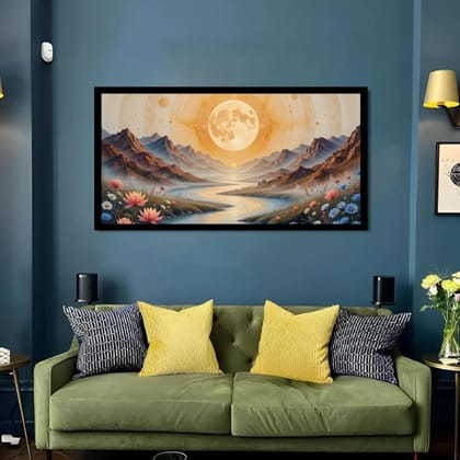 Luminary Golden Sunrise Over Flower Field – Inspirational Nature Art Canvas for Painting | Frame Size (127 X 69 Cm) | Frame Type (Black) | 5-Year Warranty
