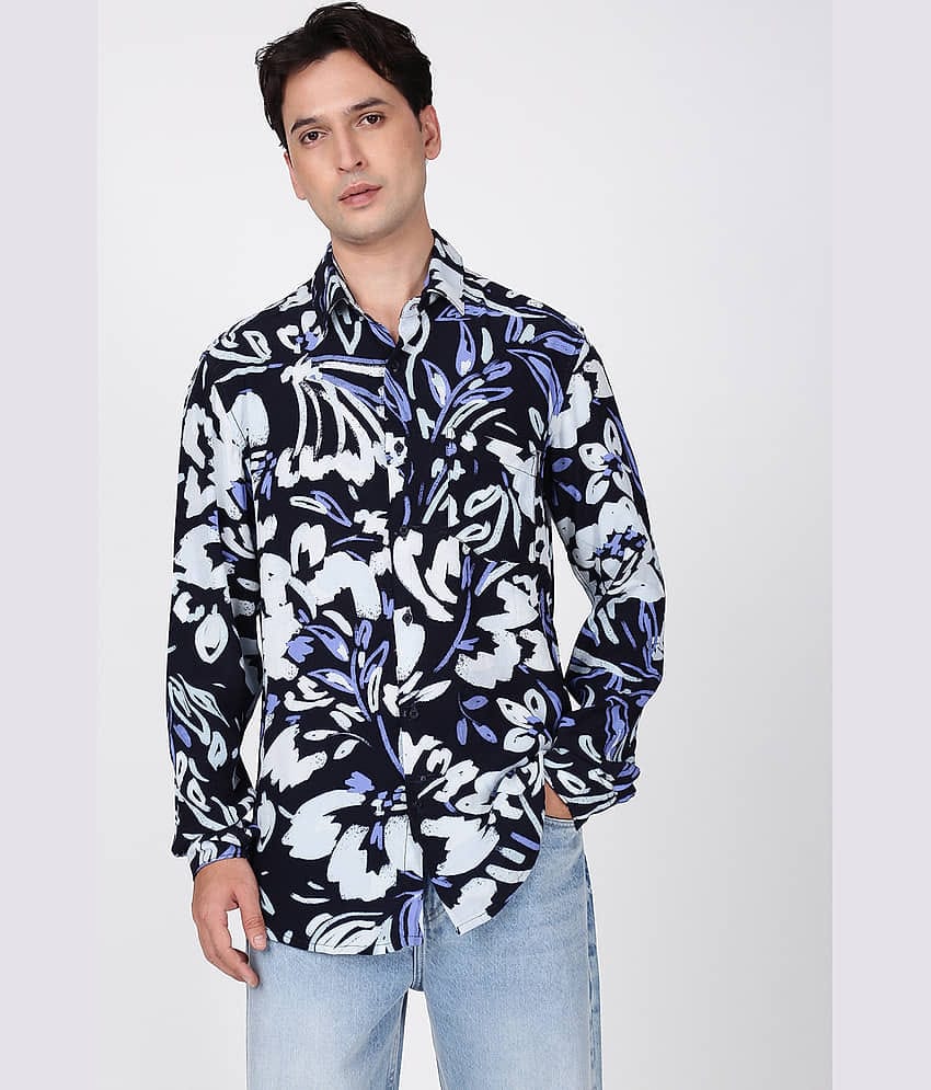 Bene Kleed Silk Slim Fit Printed Full Sleeves Men's Casual Shirt - Navy Blue ( Pack of 1 )