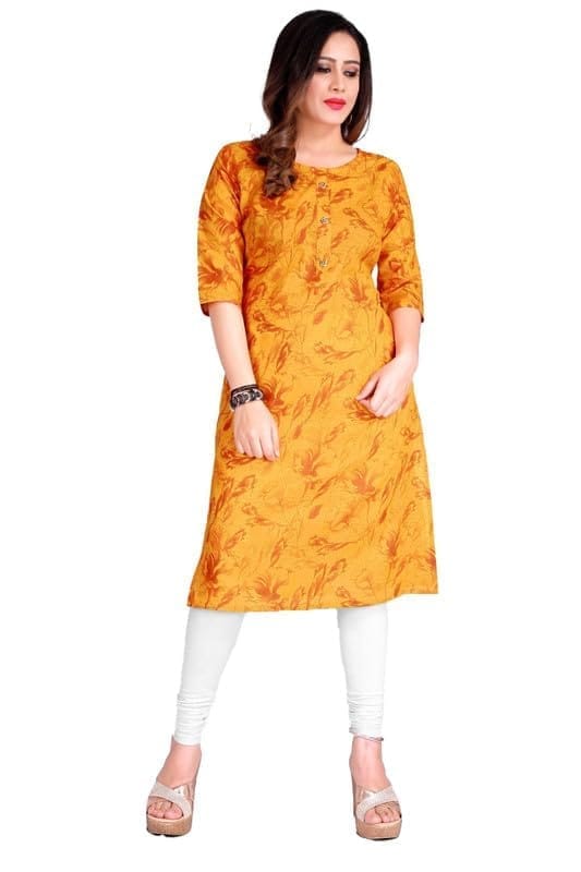 Women's Casual 3/4th Sleeve Printed Cotton Kurti (Yellow, S)-PID46125
