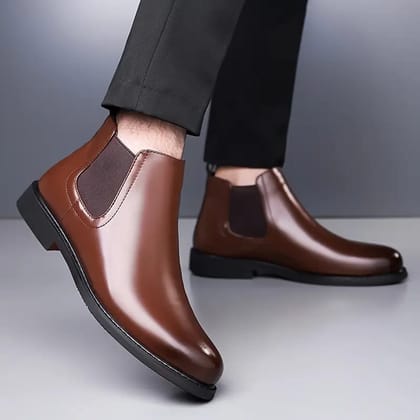 WUGO:: Latest Stylish Men Solid Faux Leather Brown Chelsea Boots | Stylish Slip-On Casual & Formal Boots For Men's & Boys (Free Home Delivery)