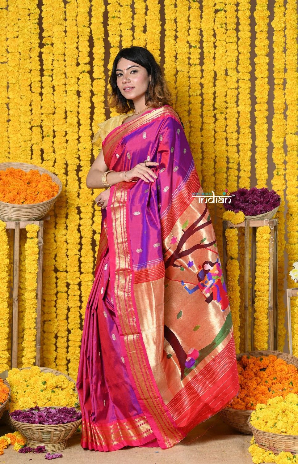 Rajsi~ Handloom Pure Silk Paithani Saree WIth Handcrafted Radha Krishan Pallu in Pink