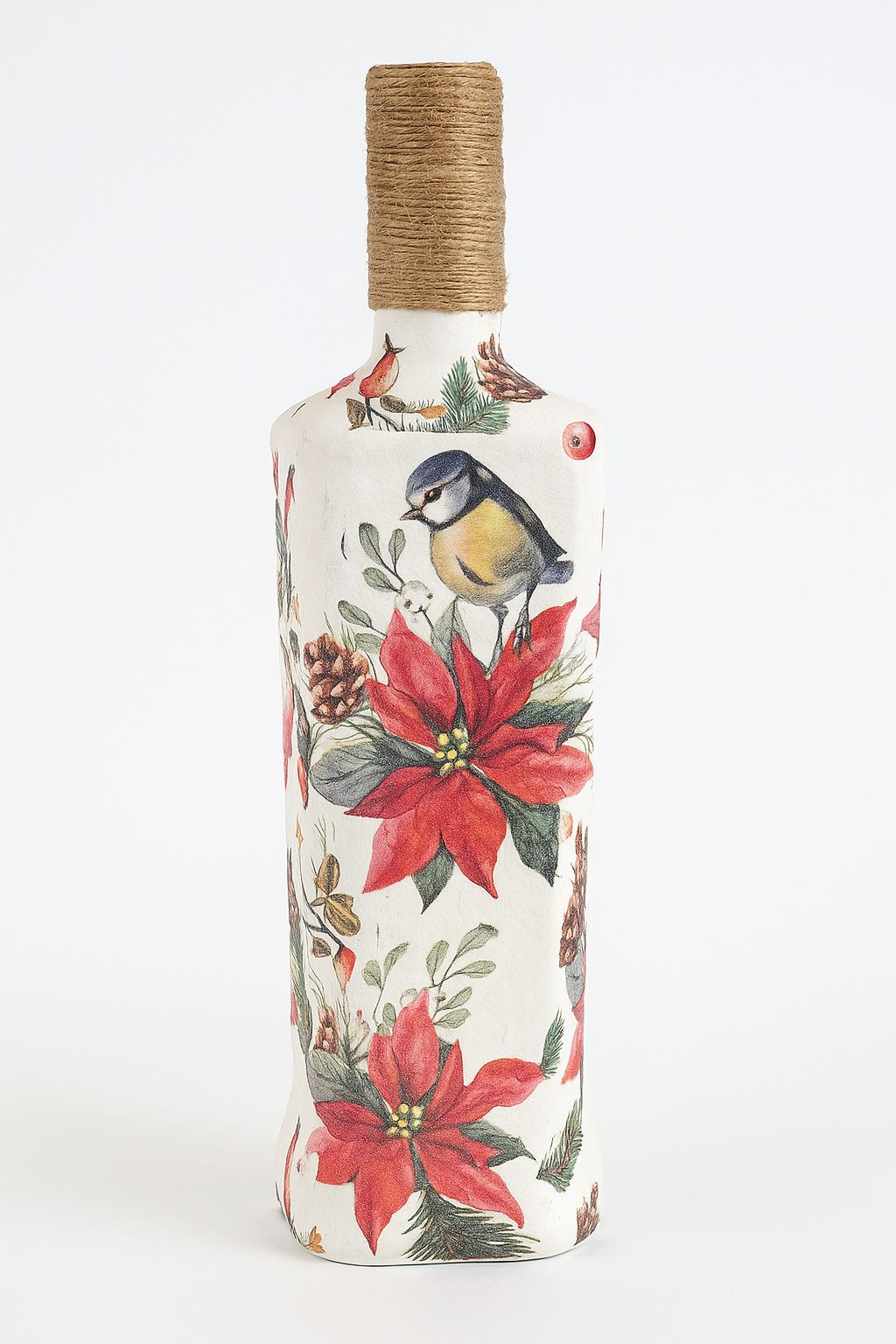Decoupage Art/ Bottle Art  with floral and bird motifs