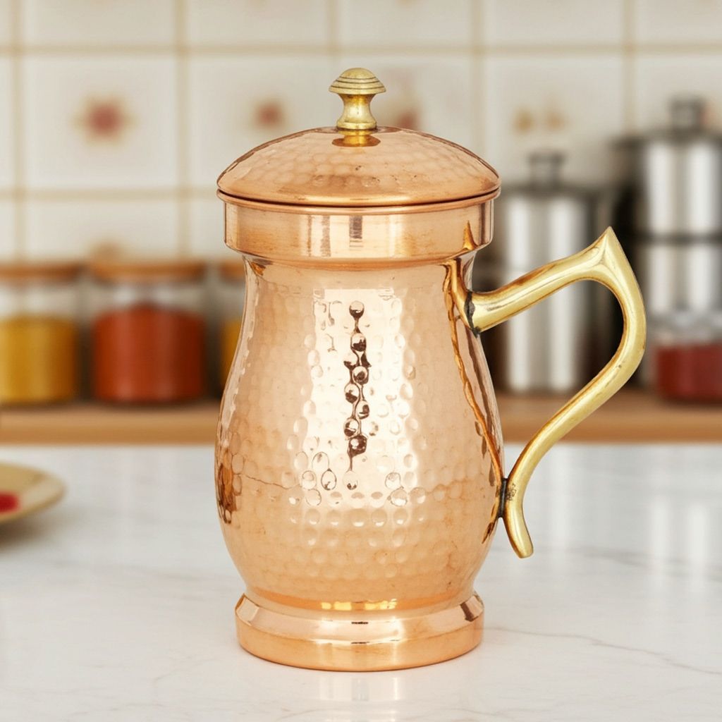 Pure Copper Water Jug – 1.4 Liter | Handcrafted Kitchen Pitcher, Height : 9 Inch (BCMAS121 A)