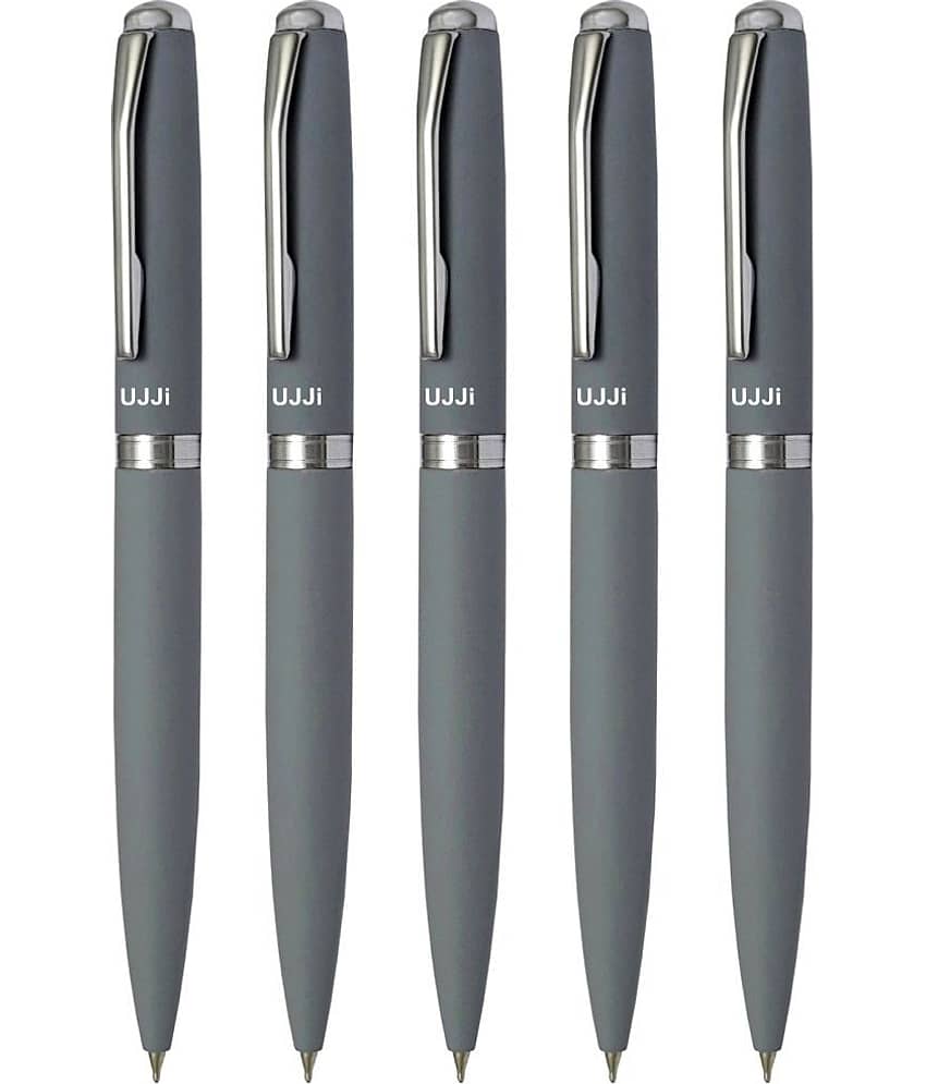 UJJi Grey Color Matte Finish Body Pack of 5 Twist Mechanism (Blue Ink) Metal Ball Pen