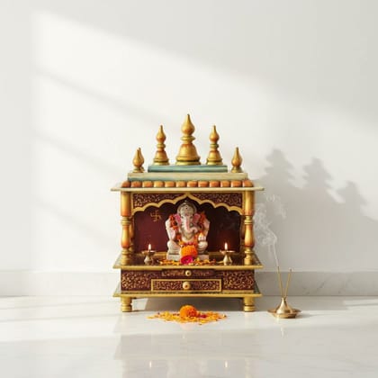 Beautifully Handcraft Painted Wooden Ganesh Temple-Pooja Mandir
