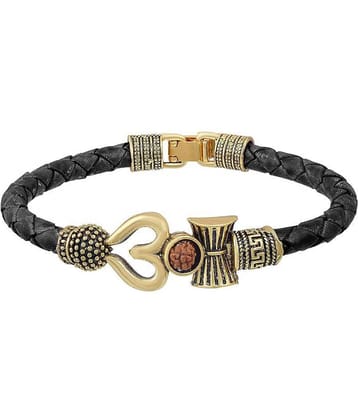 Bhumi09 Handcrafted Spiritual One Sided Trishul Damru OM Rudraksha Beads Gold Plated Mahakal Shiva Genuine Leather Brown Dyed Rope Wrist Band/Belt Bracelet for Men/Women