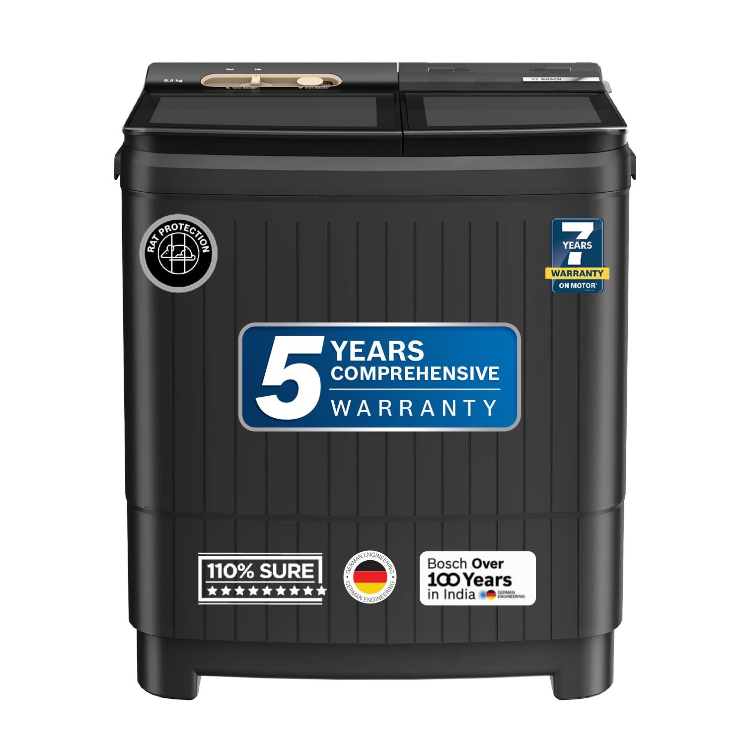 Bosch 8.5 kg 5 Star Semi-Automatic Top Loading Washing Machine (2025 Model, WJG855G0IN, 4 Wash Programs, Anti-Rust Body, 1300 RPM Spin Speed, Black, 2 Years Comprehensive Warranty) Bosch 8.5 kg 5 Star Semi-Automatic Top Loading Washing Machine (2025 Mode