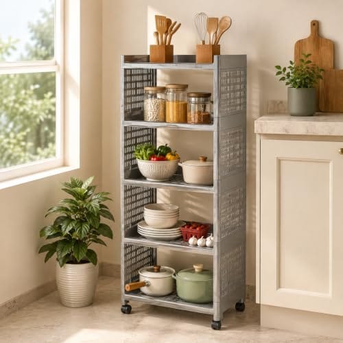 5 Layer Plastic Kitchen Storage Trolley Rack with Wheels, Multipurpose Storage Organizer Racks, Vegetable 2